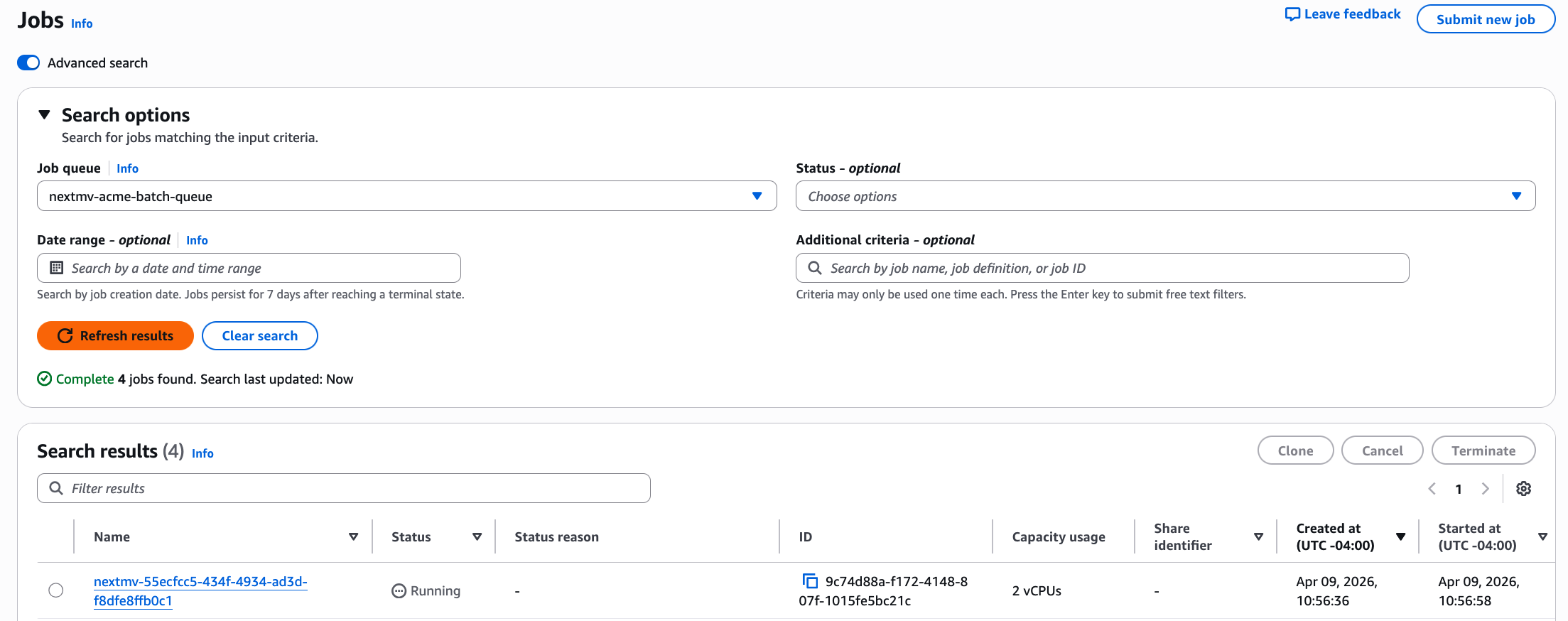 Screenshot of a sample run row in the AWS Batch jobs search
table