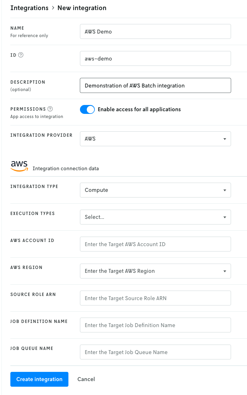 Screenshot of the create new integration page with the first part of the form
fields filled out