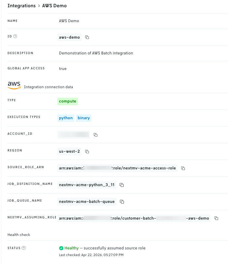 Screenshot of the create new integration page with the second part with status
check passing