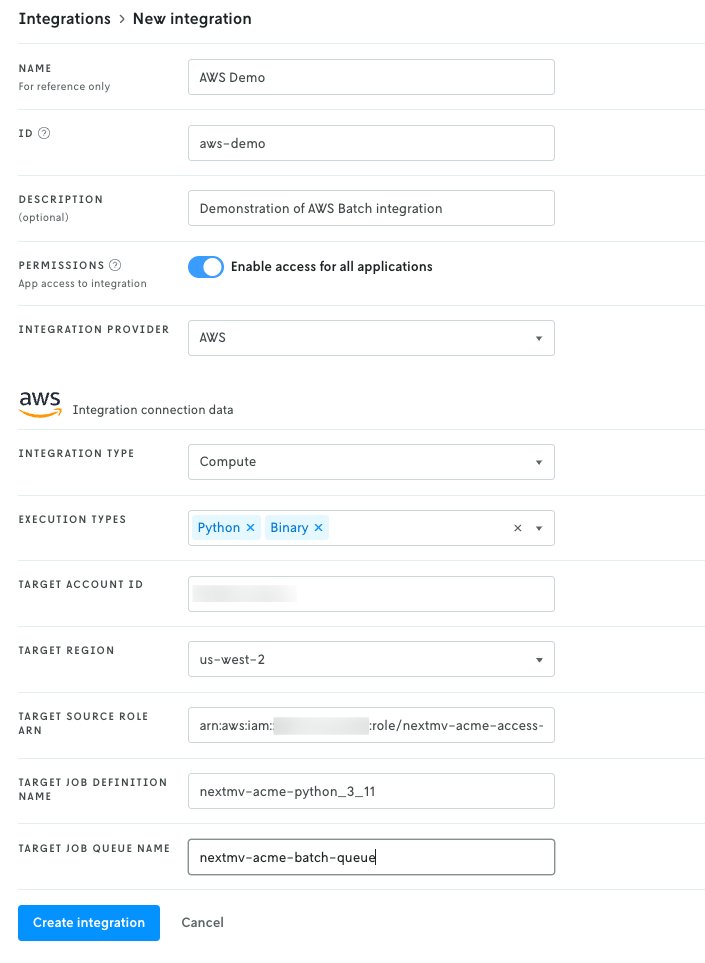 Screenshot of the create new integration page with the second part of the form
fields filled out