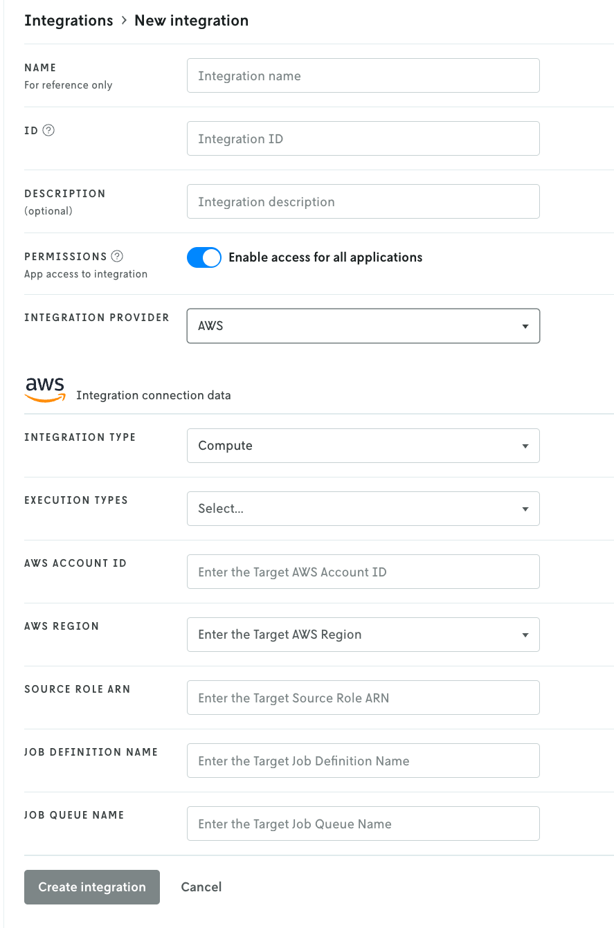Screenshot of the create new integration page showing all of the form fields
that need to be filled out