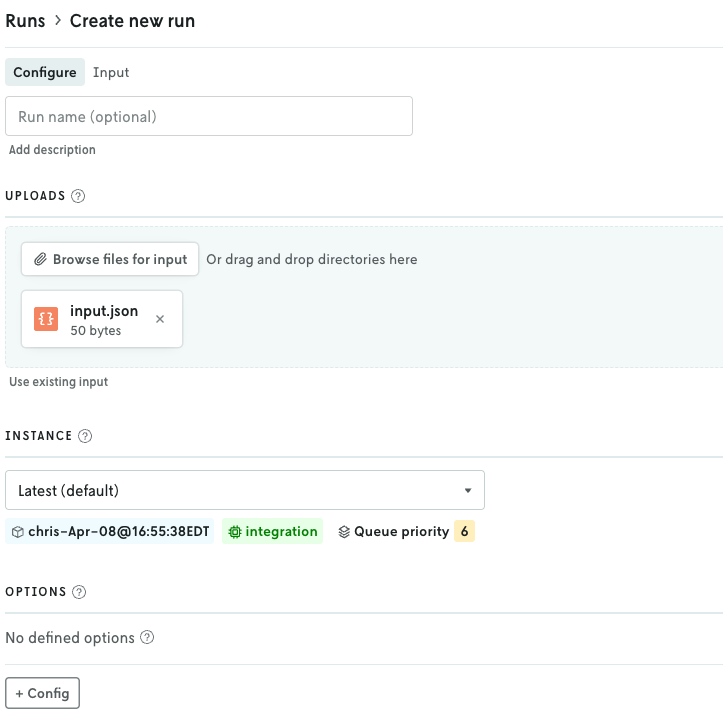 Screenshot of the create run view in
Nextmv