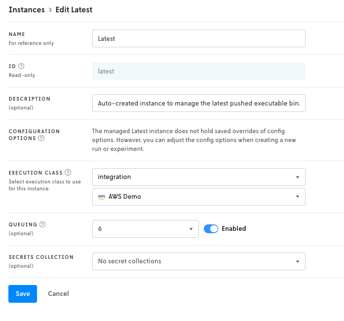 Screenshot of the edit latest instance view with the integration execution
class selected as well as the newly created
integration