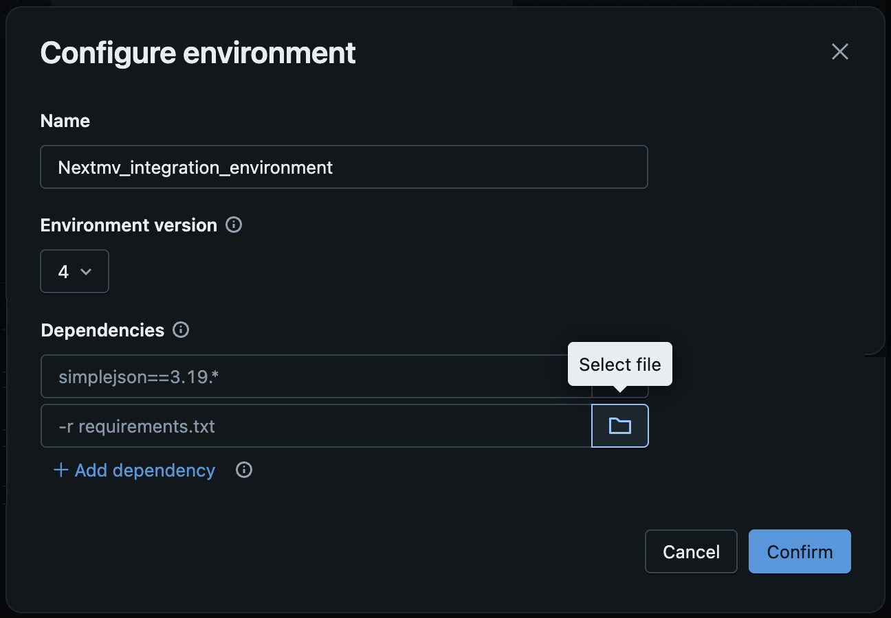 Screenshot of modal in Databricks showing the UI to name, version, and add dependencies for the job environment