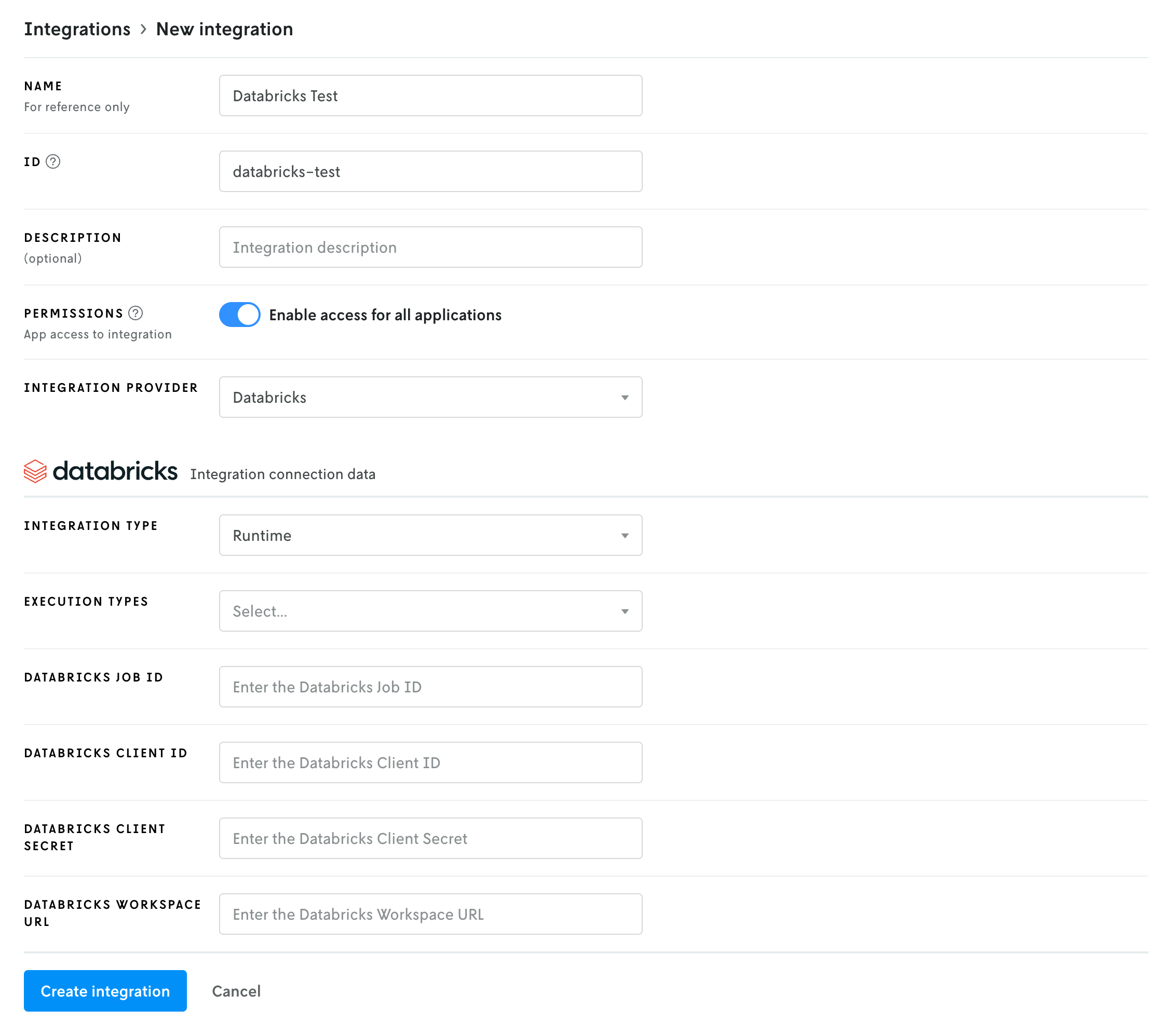 Screenshot of the create new integration page with the first part of the form
fields filled out
