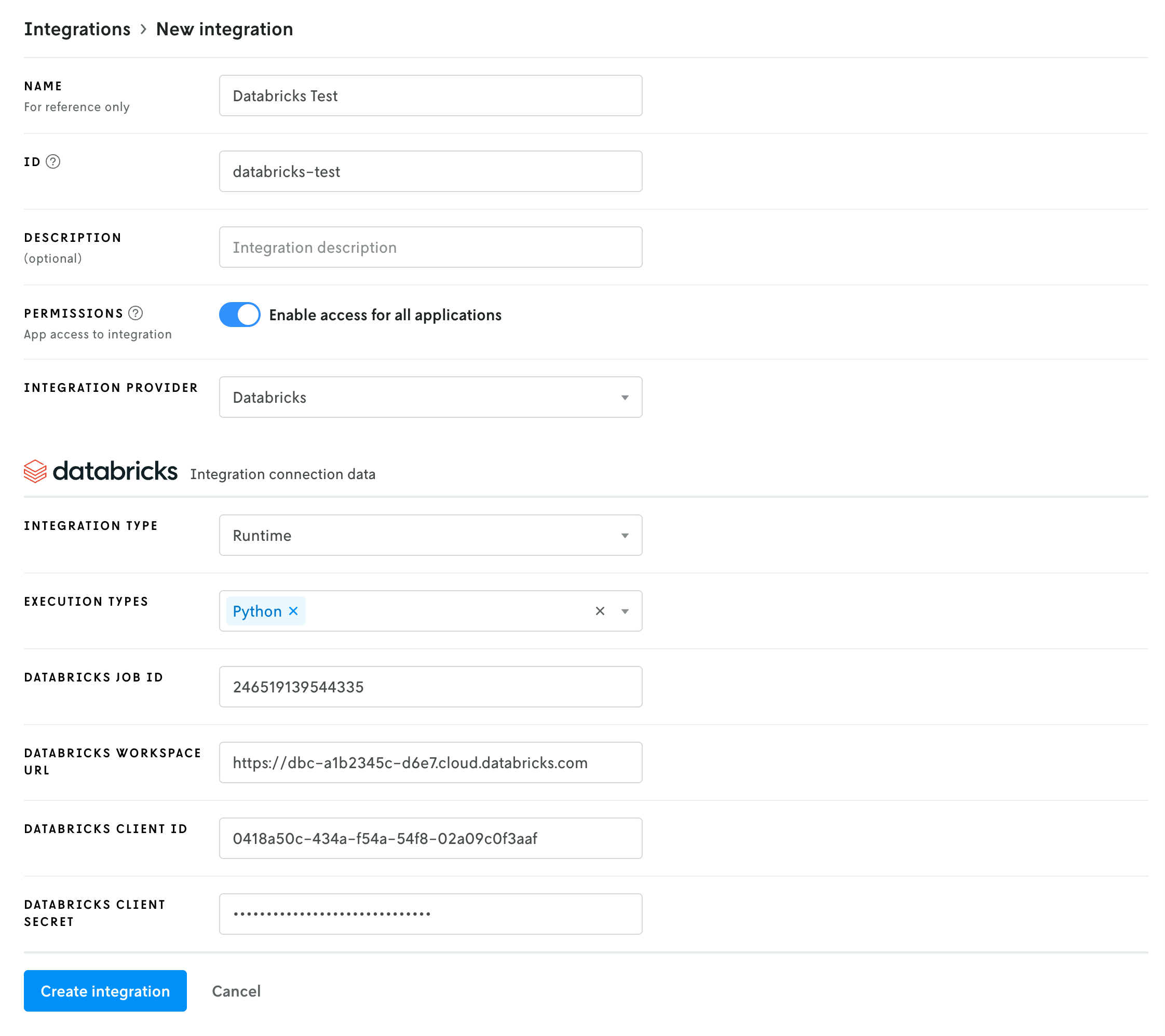 Screenshot of the create new integration page with the second part of the form
fields filled out
