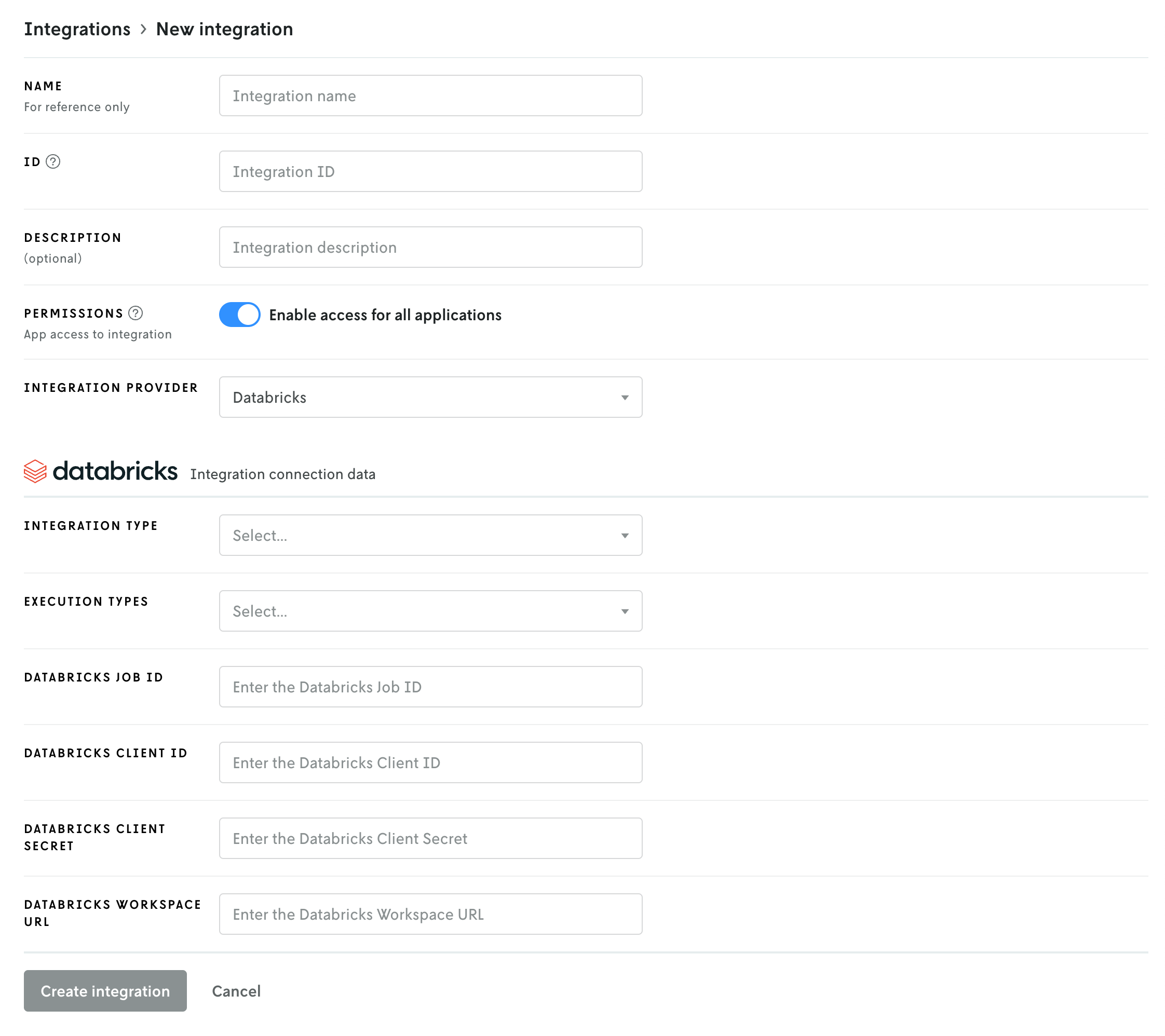 Screenshot of the create new integration page showing all of the form fields
that need to be filled out