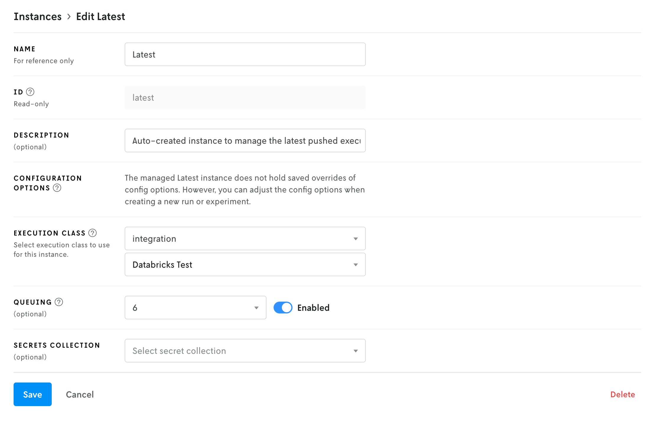 Screenshot of the edit latest instance view with the integration execution
class selected as well as the newly created
integration