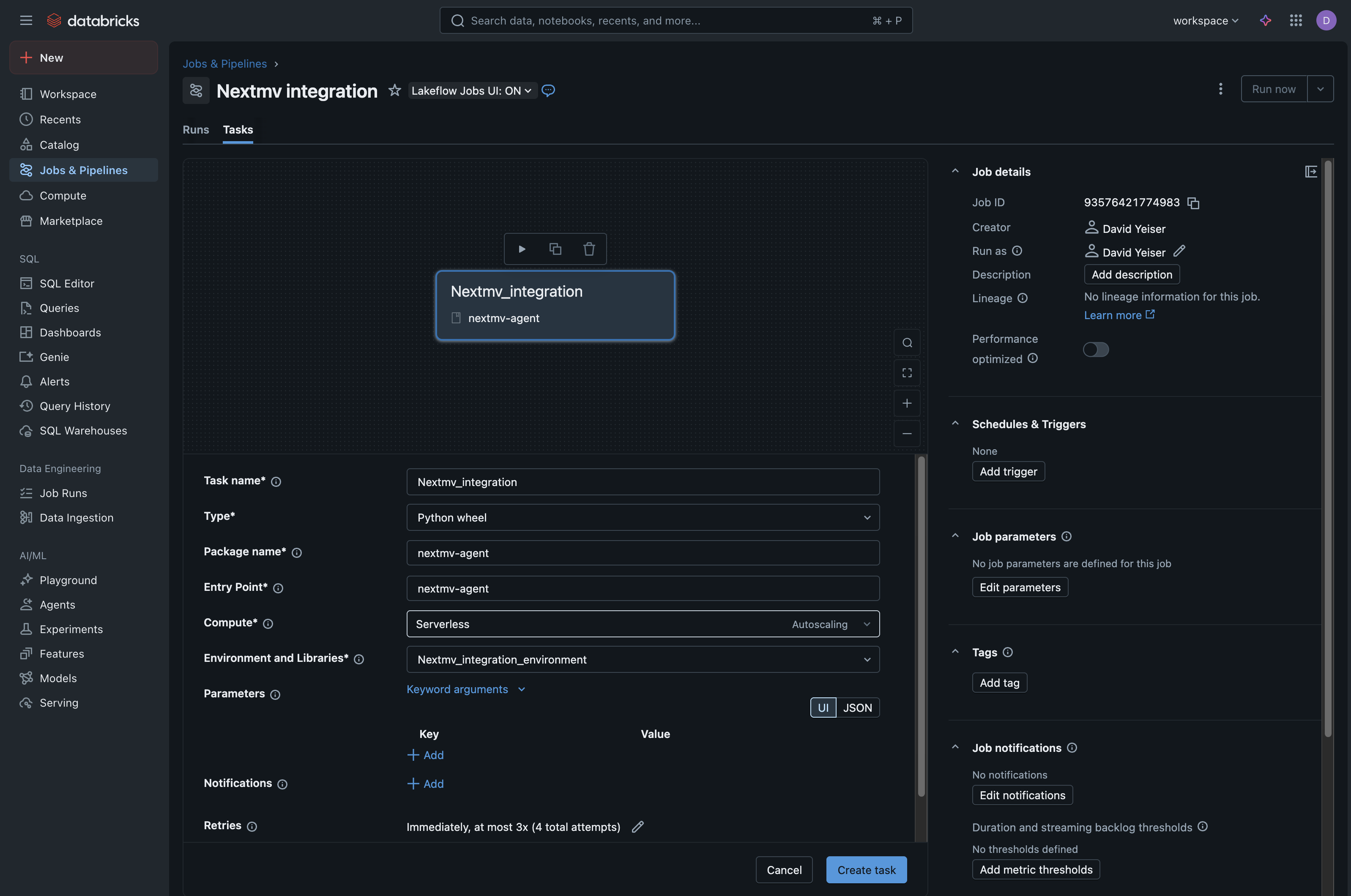 Screenshot showing the
filled-in details of the new job before clicking the final Create Task
button