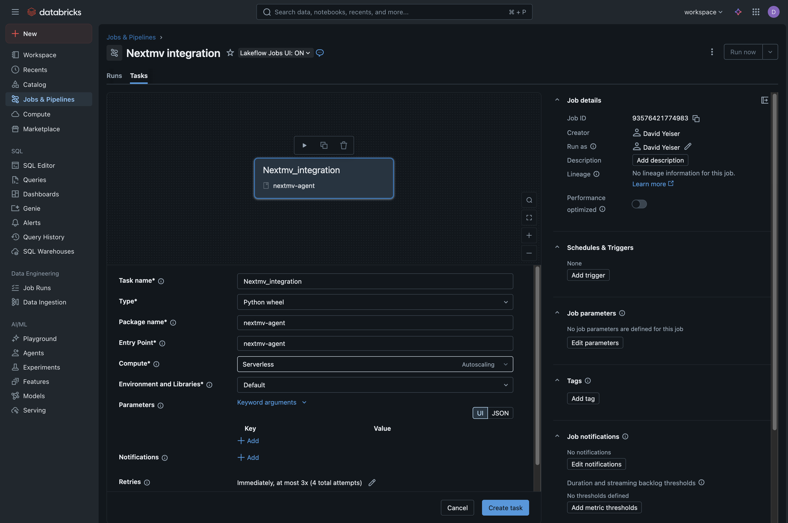 Screenshot in Databricks showing the UI for creating a new
Job with the fields so far described filled
out