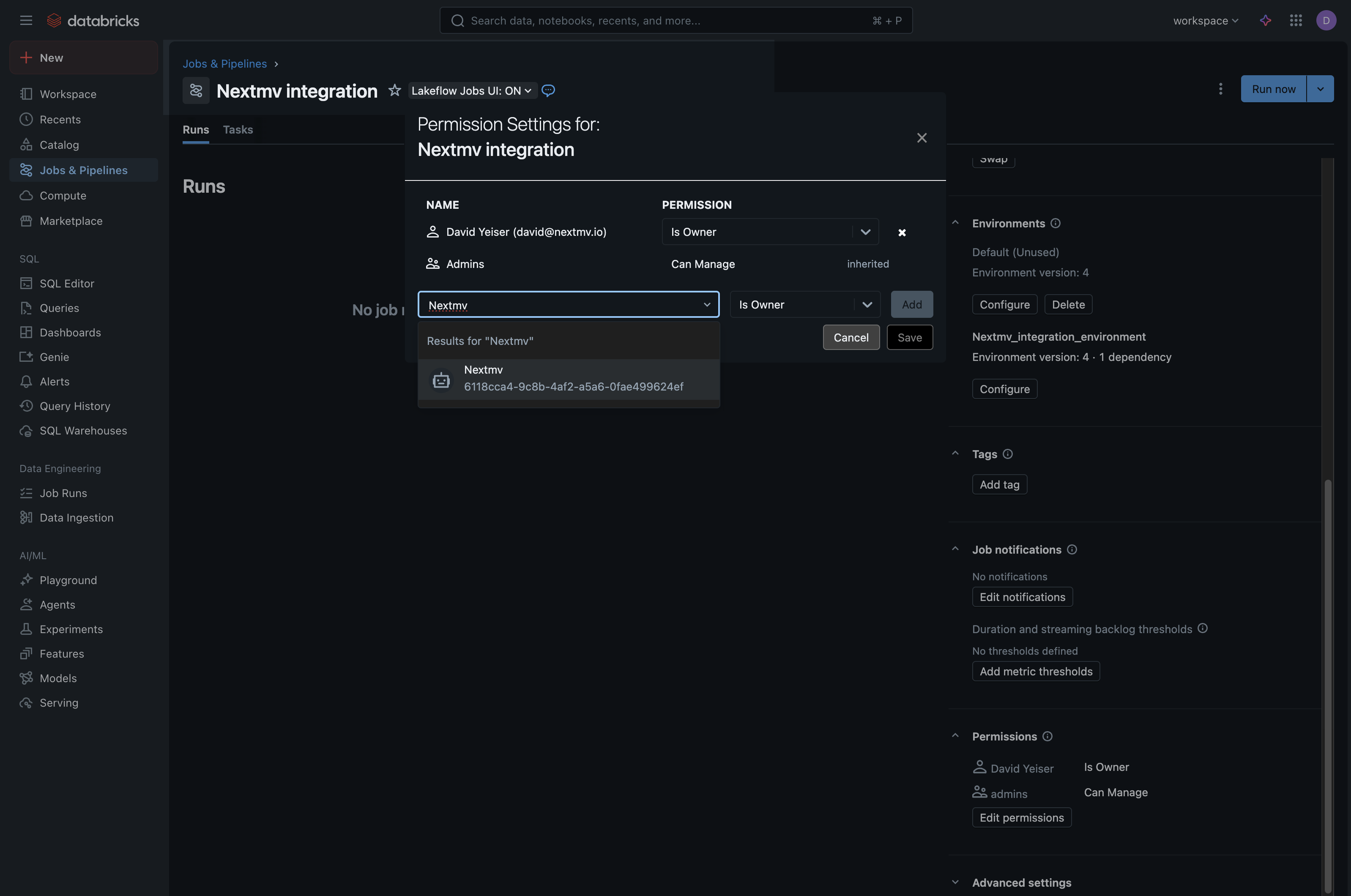Screenshot showing the UI
for selecting a service principal to
add