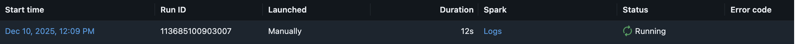 Screenshot of a sample run row in the Databricks Job runs
table