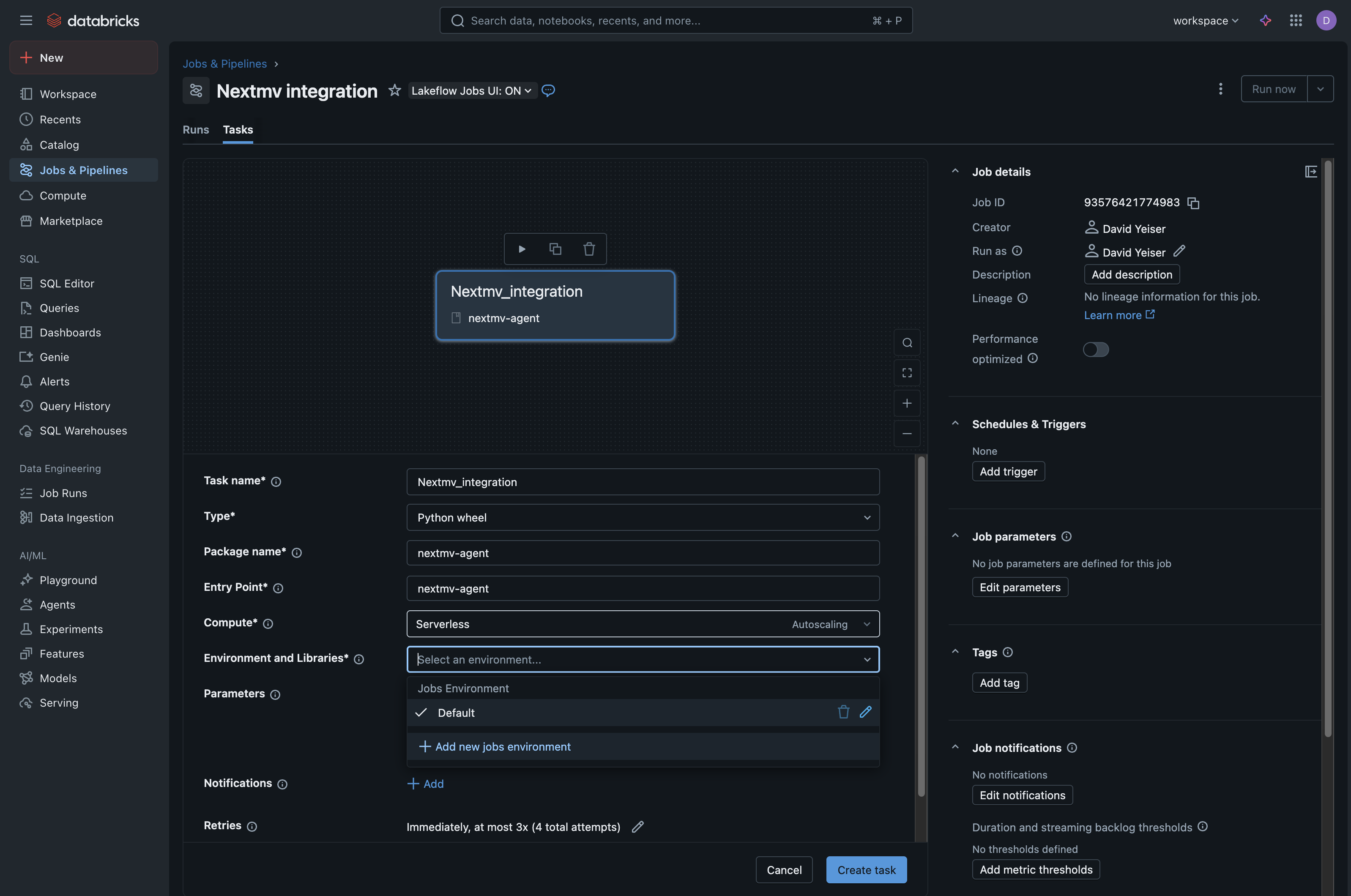 Screenshot in Databricks showing the option for adding a new jobs
environment in the Environments and Libraries select dropdown
menu