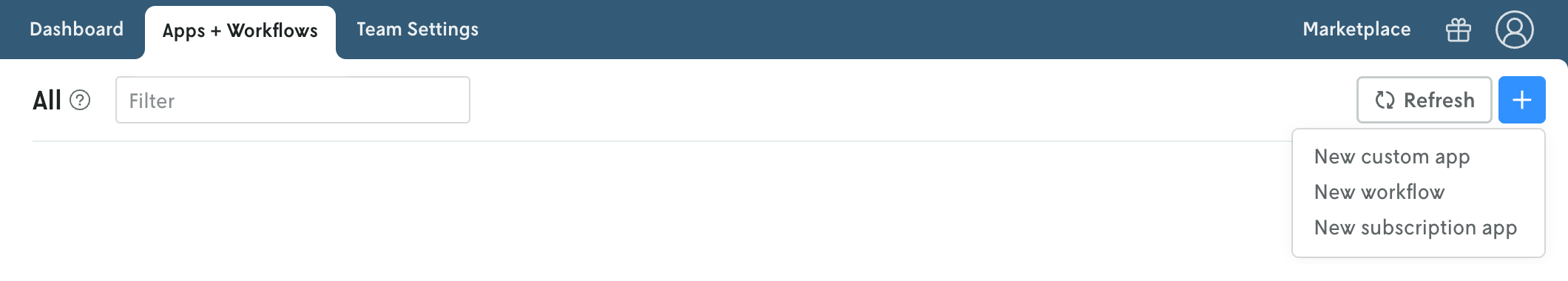 Screenshot showing dropdown menu after clicking the create new app button on the apps view, New subscription app is one of the options