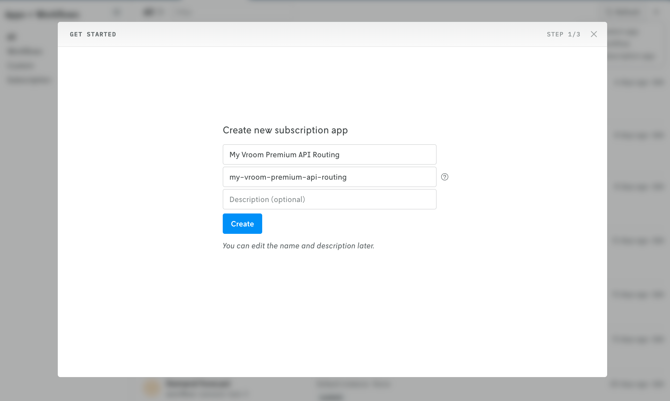 Screenshot showing first screen of the create new subscription app modal, a place to add an app name, ID and description.
