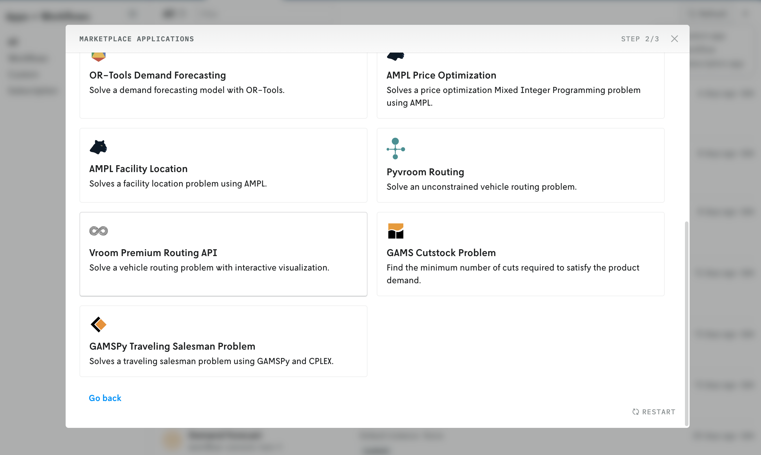 Screenshot of the next screen where you select Vroom Premium Routing API as the app to subscribe to.