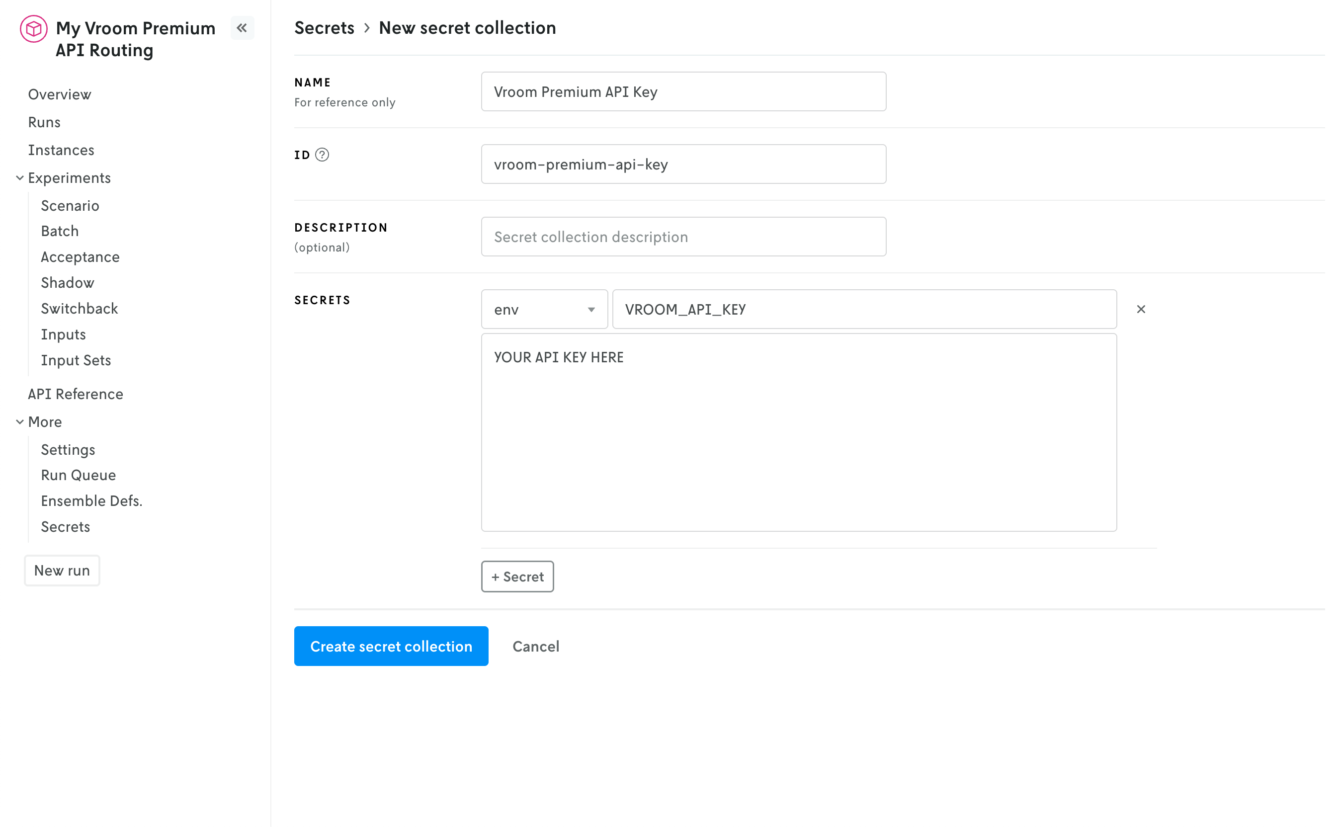 Screenshot showing the UI to add a new secret in Nextmv Console