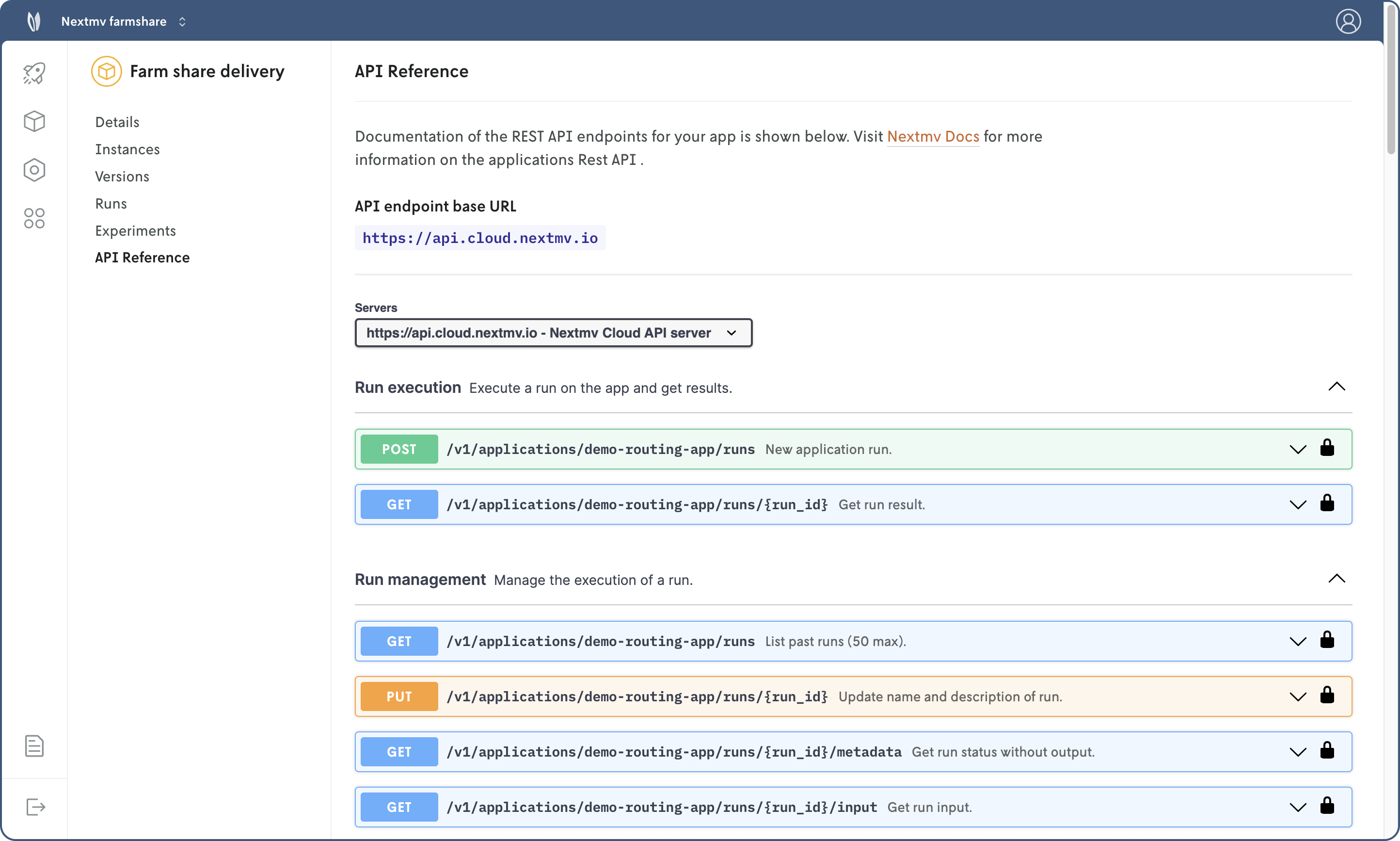 Screenshot of an app’s API reference page in Console showing the available API endpoints