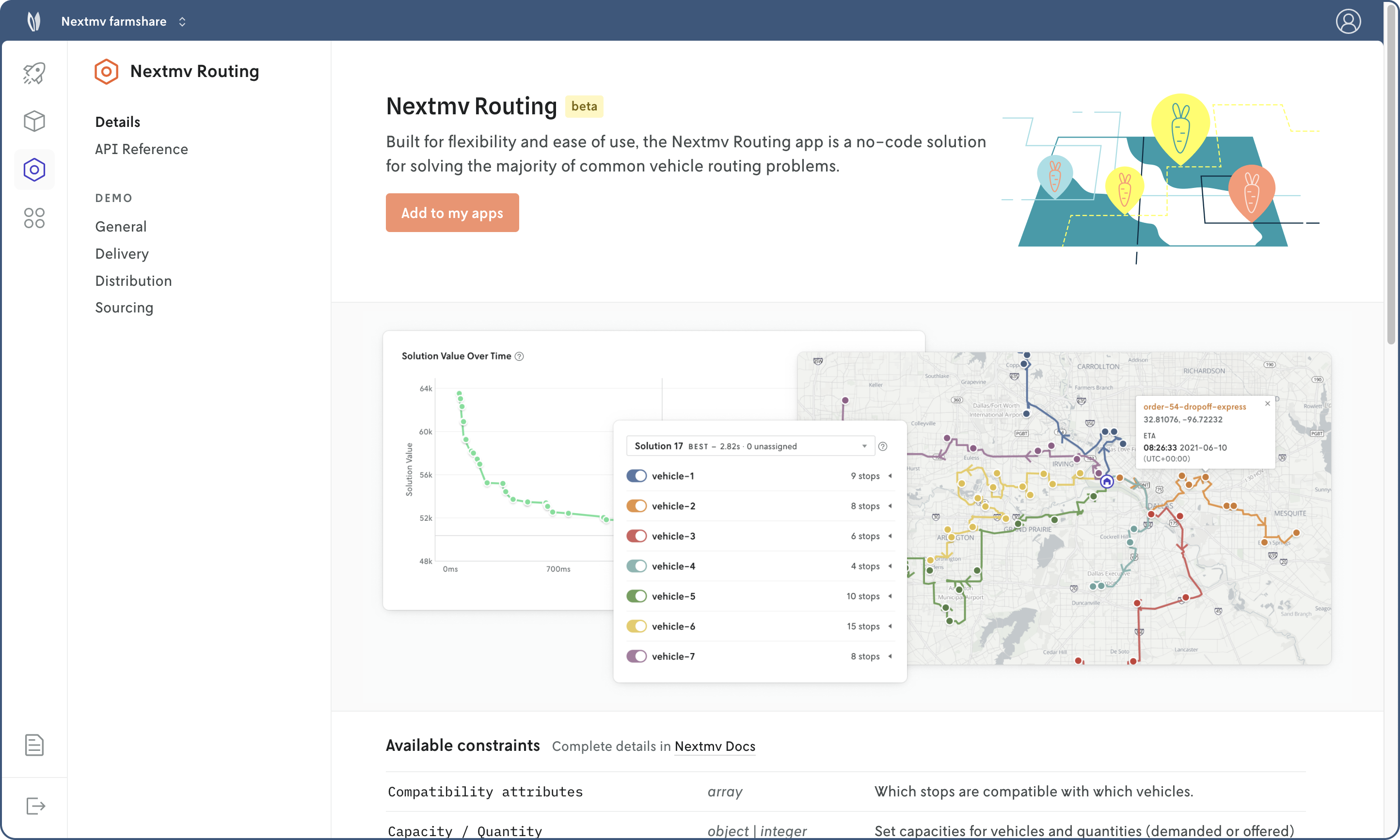 Screenshot of the Nextmv Routing app details view in Console