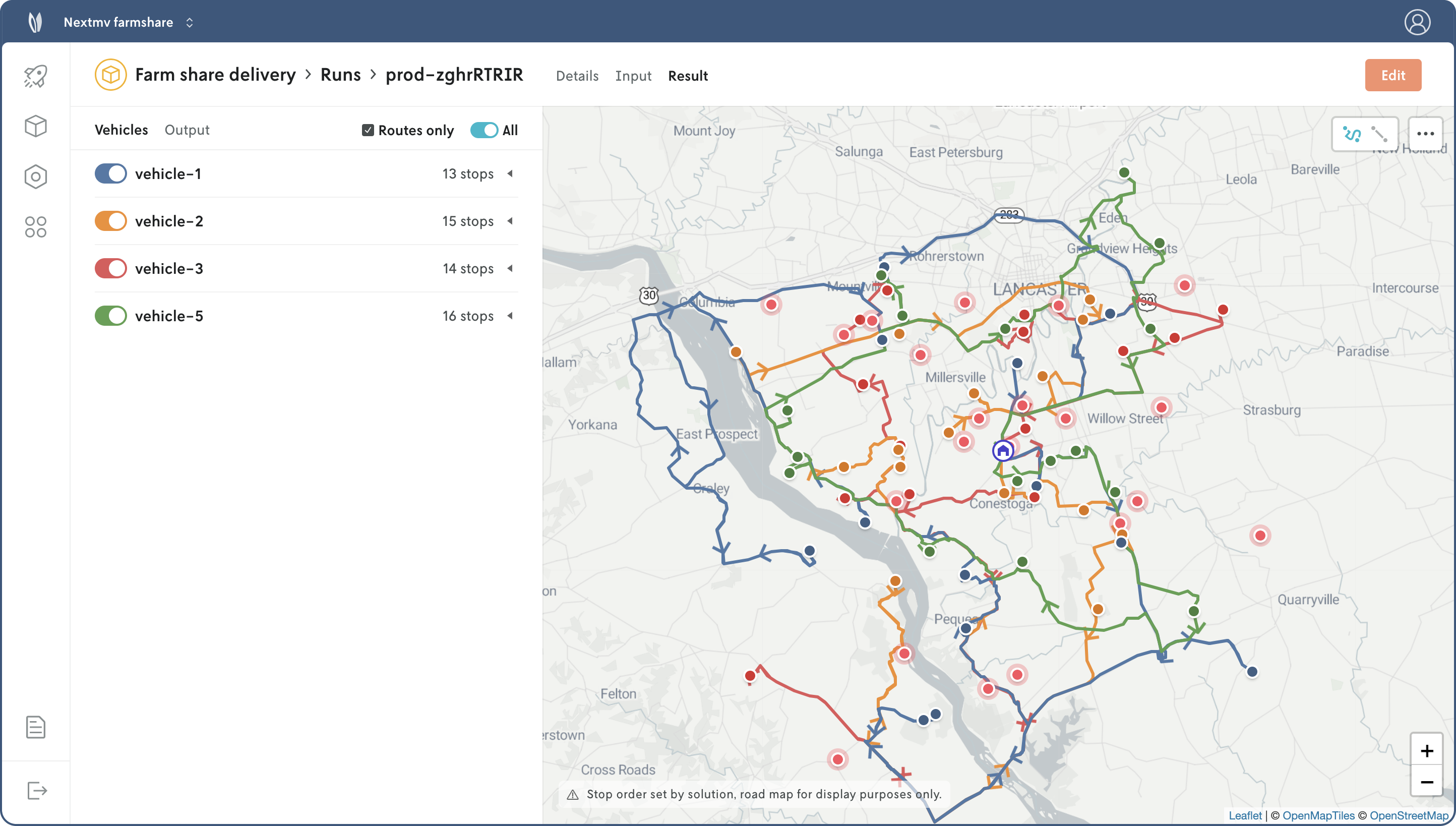 Screenshot of Console showing a sample run details view with stops and routes
on a map