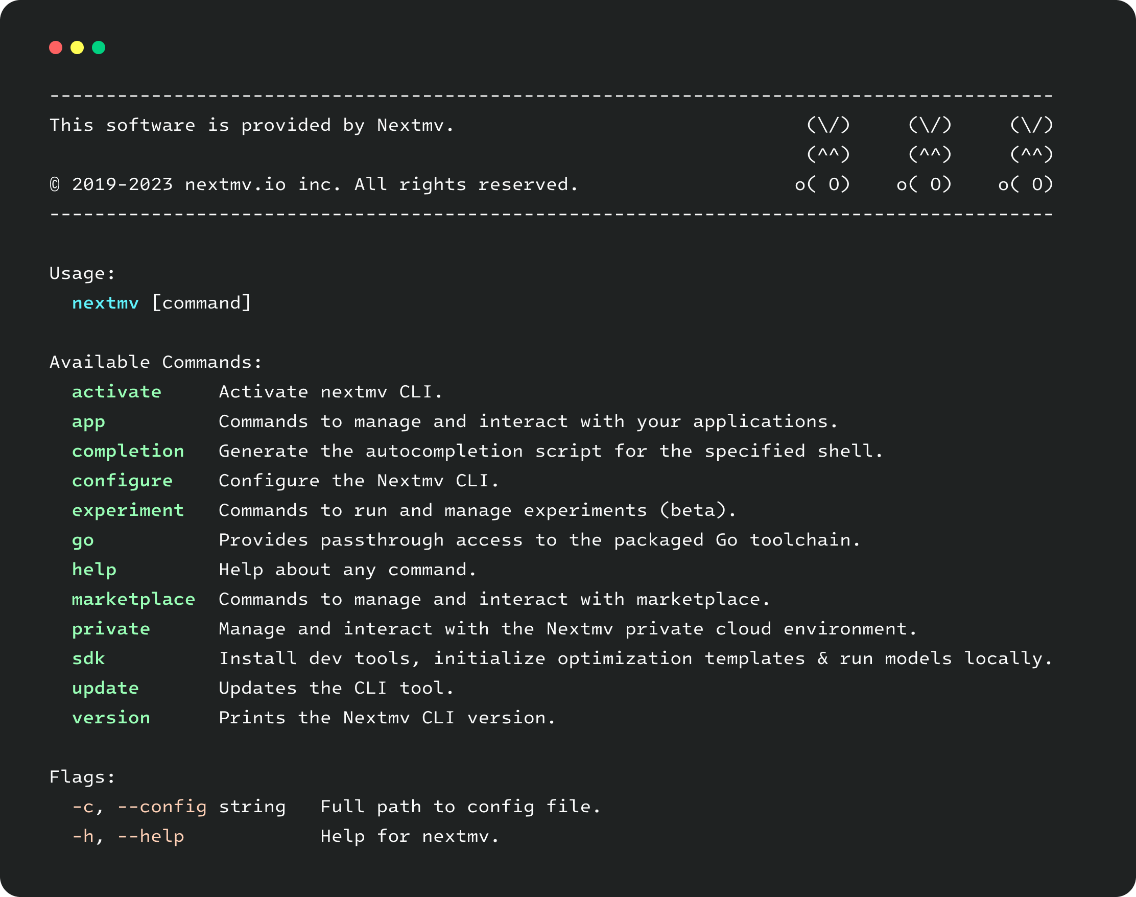 Stylized computer terminal window showing Nextmv CLI core command list