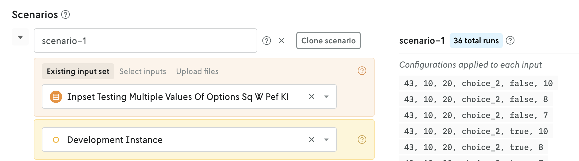 Screenshot showing the clone scenario button next to the name of a scenario in a scenario test.