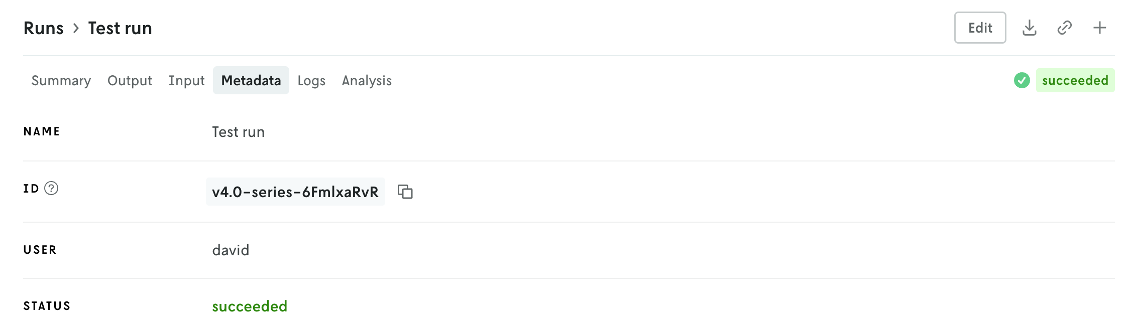 Screenshot of a sample run details view with the Edit button shown in the header.
