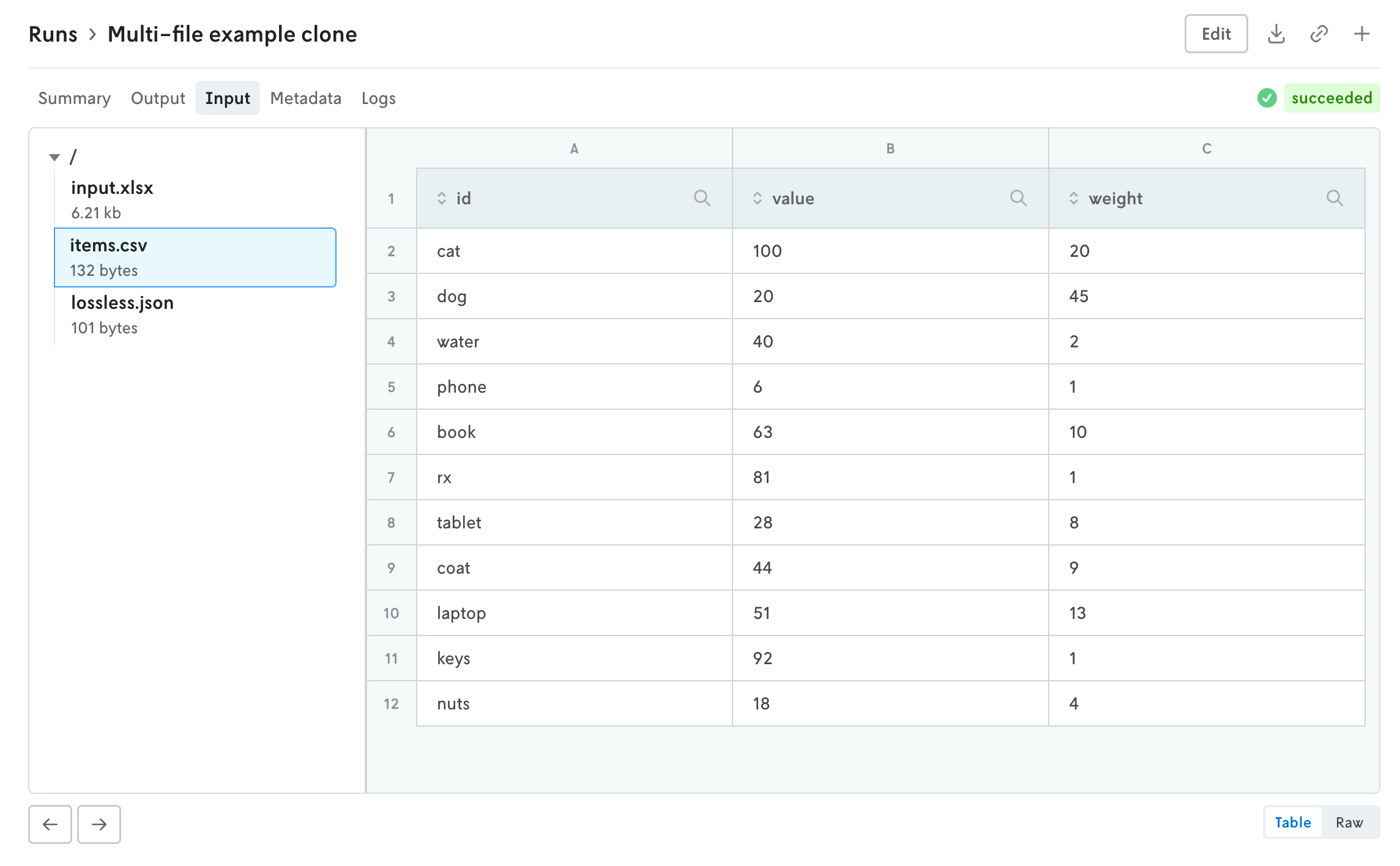 Same screenshot showing the contents of a multi-file input; only this time a sample CSV file is active showing the contents of the CSV file in the same traditional spreadsheet table view.