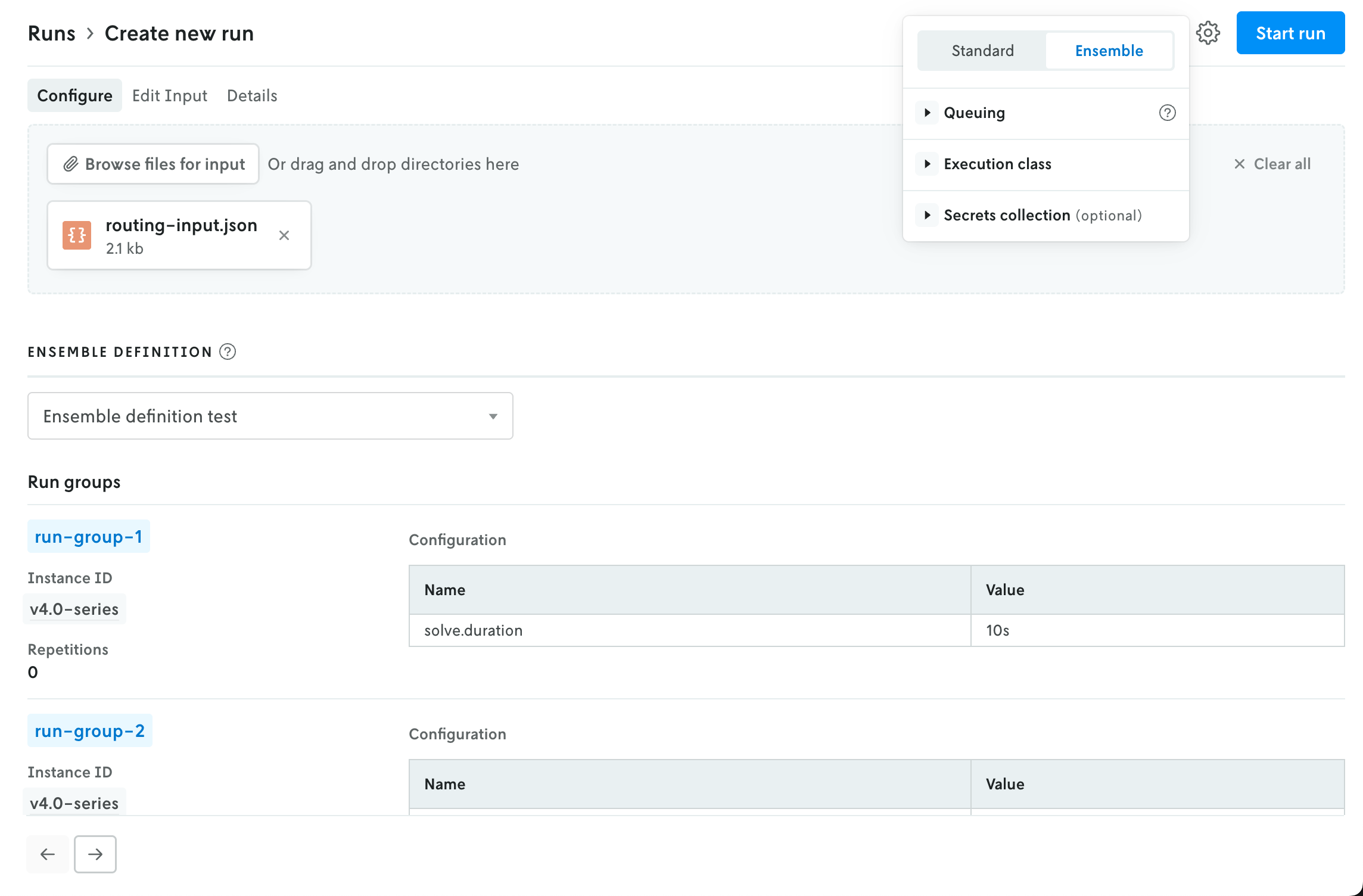 Screenshot of the create run view with the advanced settings menu activated with the Ensemble switch activated; the configure view in the create run view has been updated to show a selector for ensemble definitions rather than instances with a default ensemble definition selected and its summary details shown below.