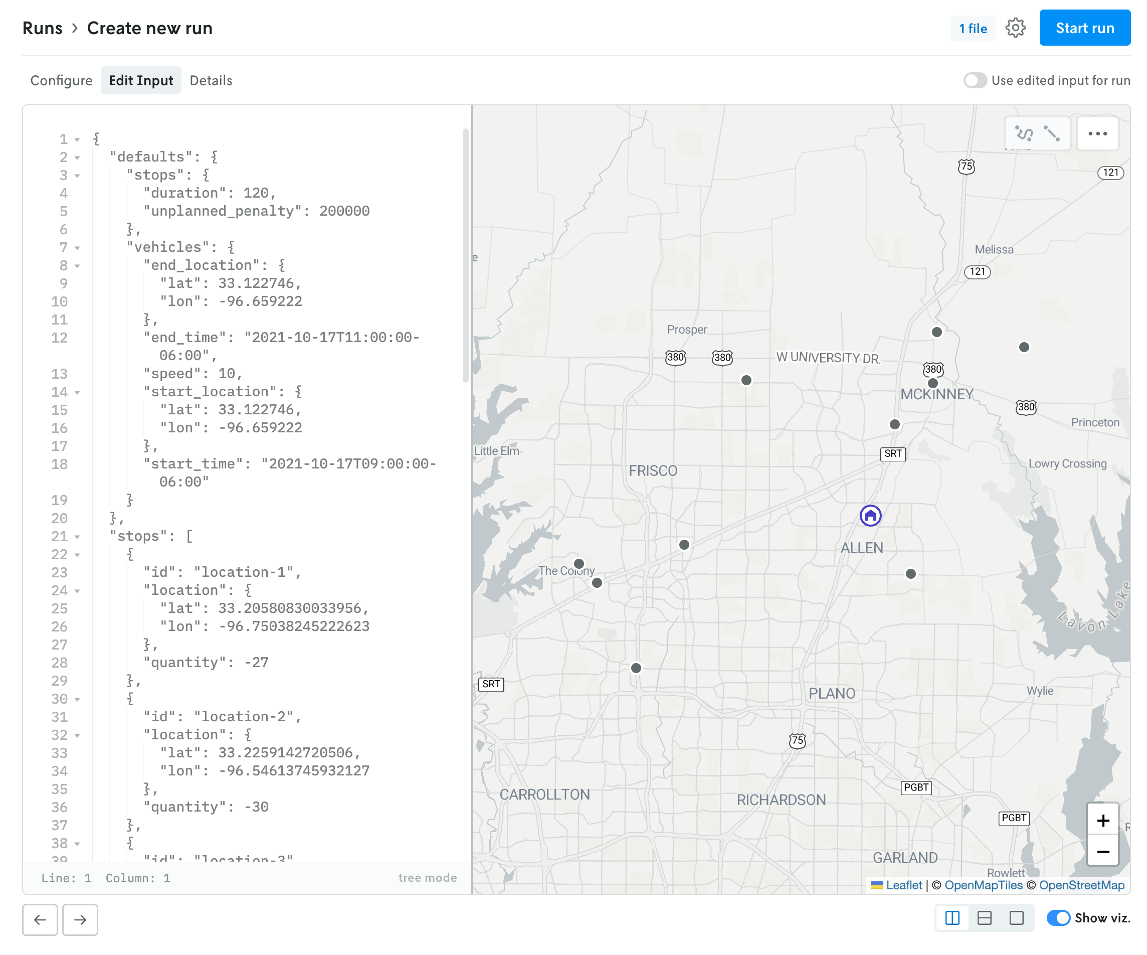 Screenshot showing the edit input tab view of the create new run view. The JSON input is shown in an editor on the left, but grayed out and inactive. The visualization of the input is shown on the right (points on a map).