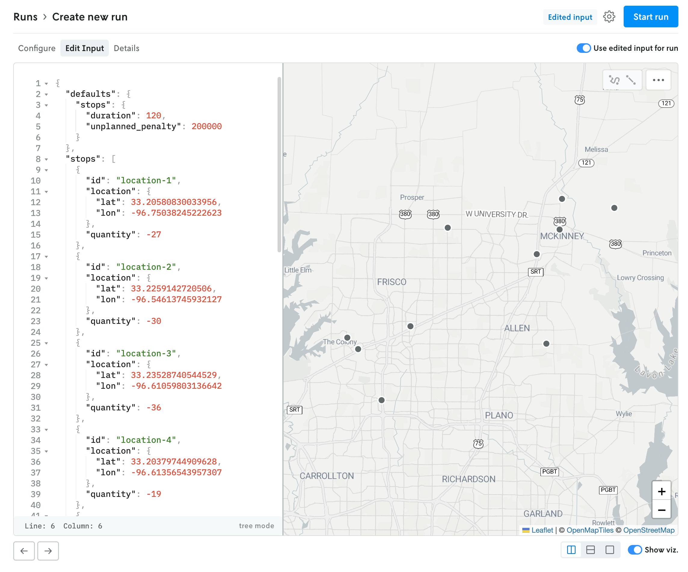 The same screenshot as above, but in this case the JSON in the editor is syntax-highlighted and active because the toggle option for use editor for run has been turned on.