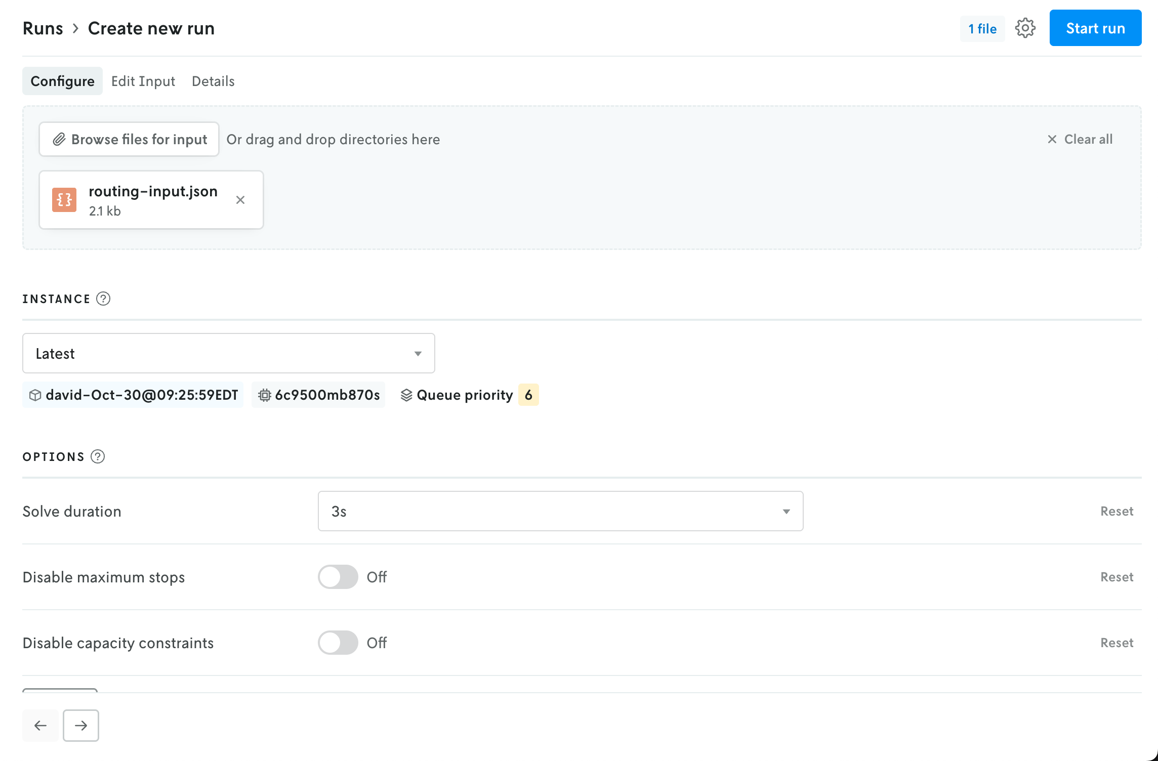 Screenshot showing the same create run view with a single uploaded file shown in the file upload area.