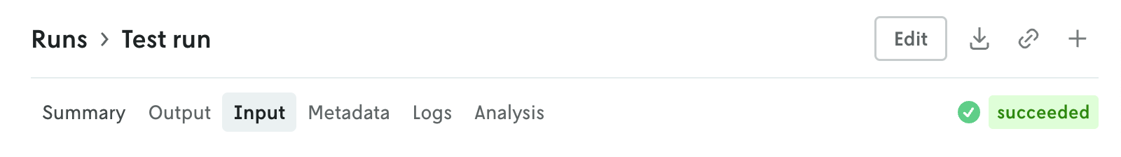 Slim screenshot showing just the header of the run details view with the action buttons on the right.