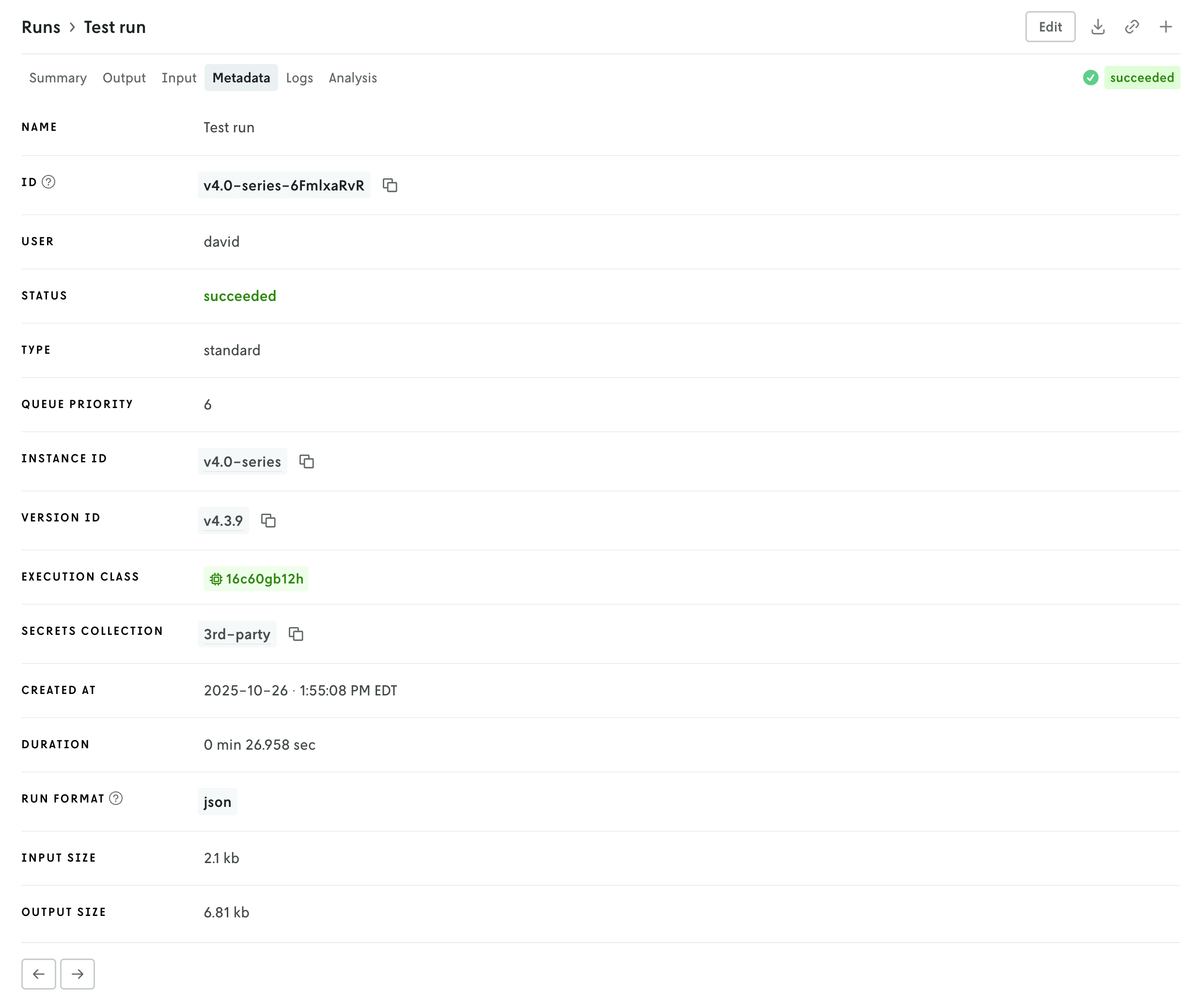Screenshot of the run details view with the metadata tab active; the screen displays rows of stylized key value pairs of the run’s metadata, one pair for each row.