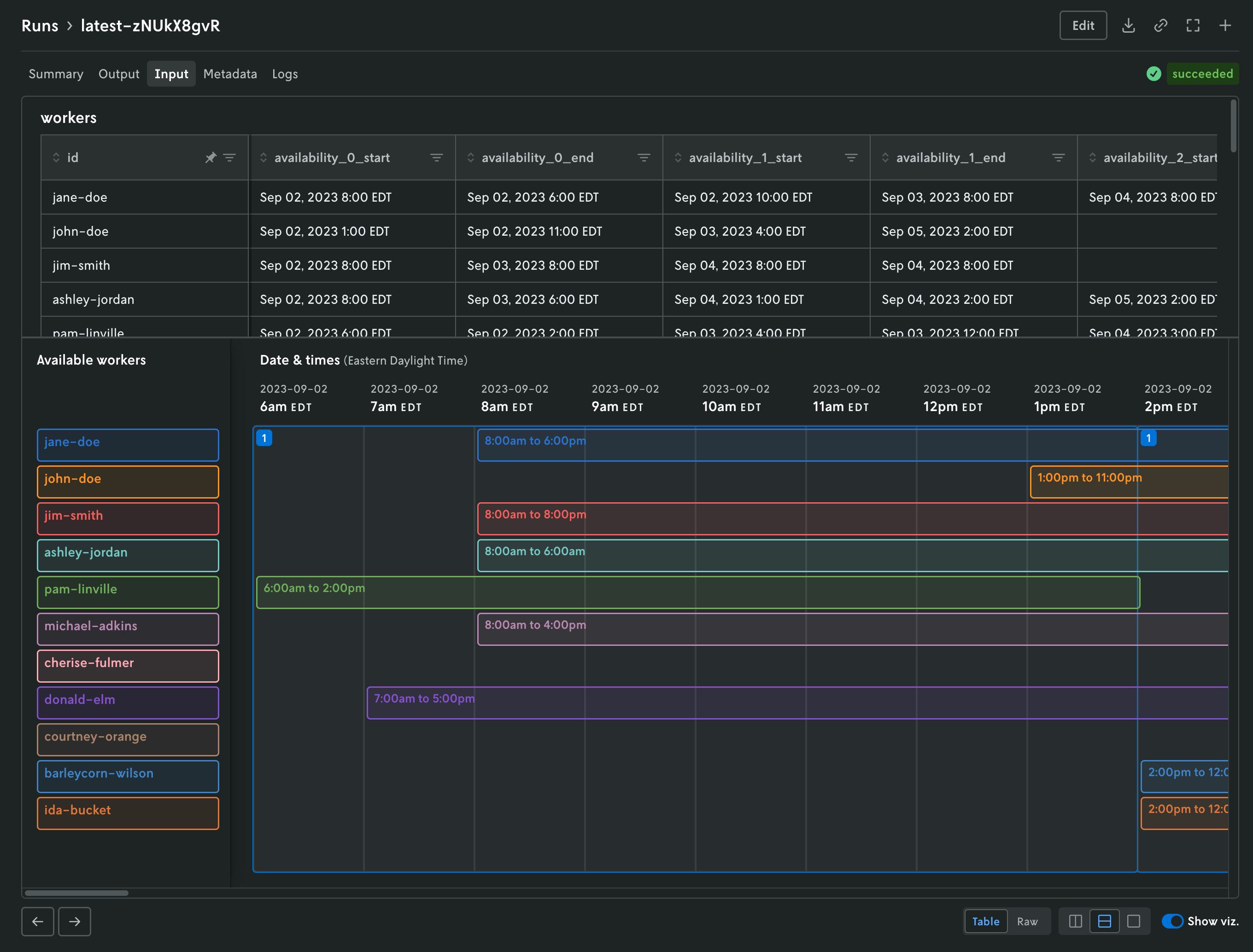 Screenshot of the same sample run input view as above but with the UI in dark mode.