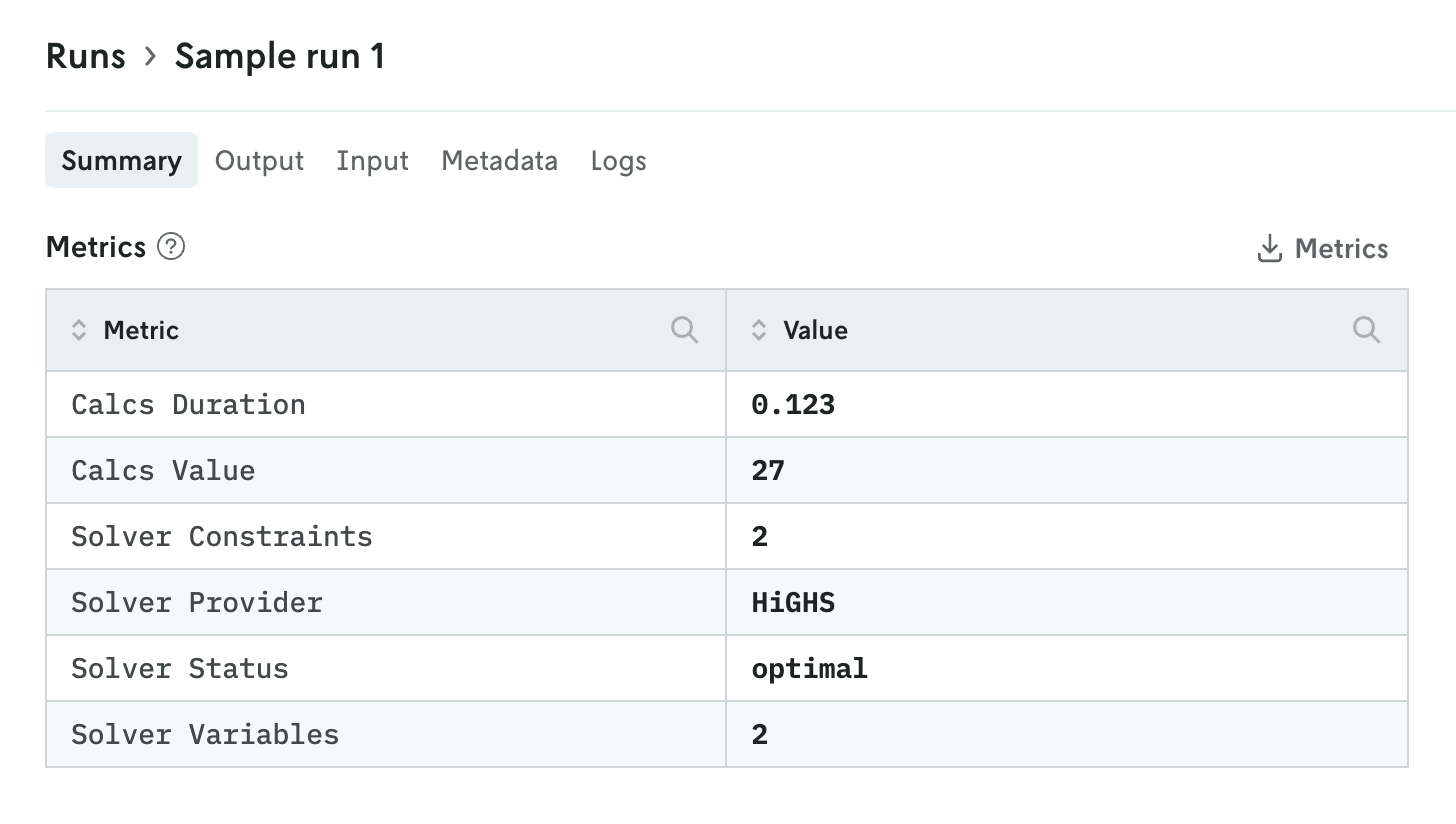 Screenshot of the custom metrics displayed in a summary table on the run details sumary view in Nextmv Console.